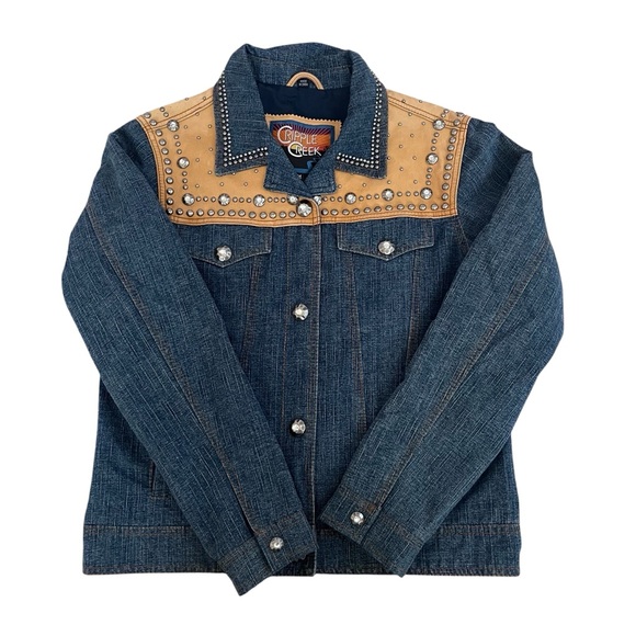 Cripple Creek Western Denim & Leather Studded Rhinestone Jacket - Size M - Picture 3 of 12